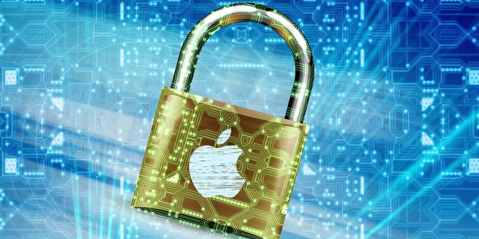 Cybersecurity padlock with apple logo and blue background.
