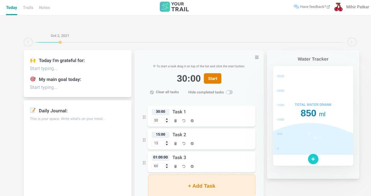 Your Trail gives you a simple daily dashboard to track goals, intentions, tasks (with a timer), and water intake
