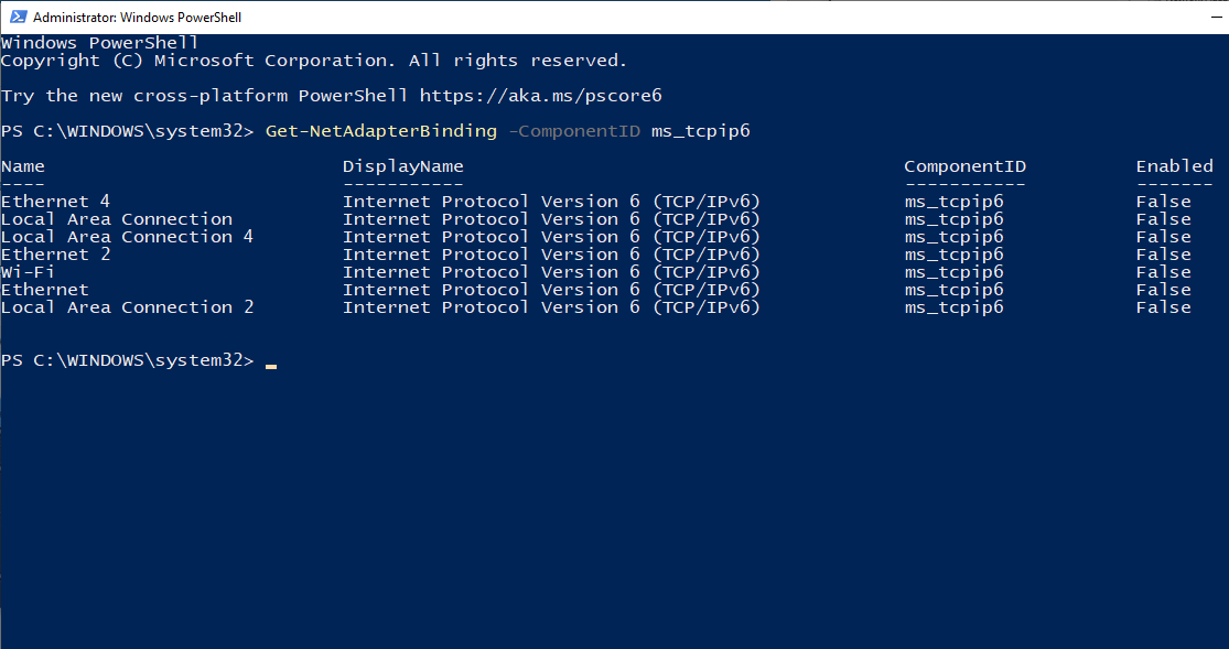 disable ipv6 using powershell