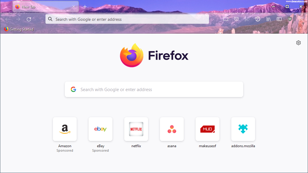 A screenshot of Mozilla Firefox with the dreamstime mountains theme enabled
