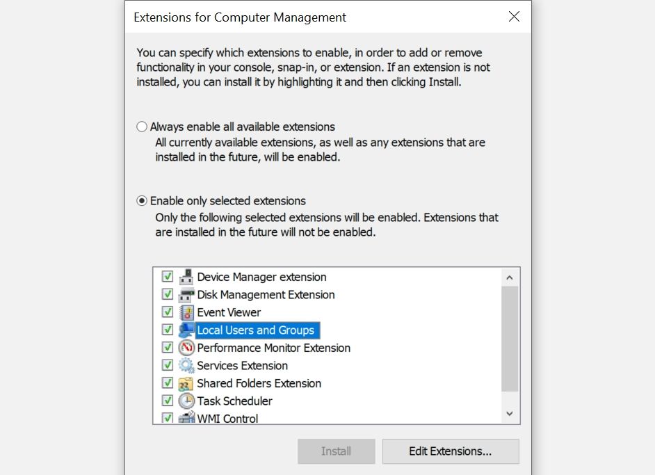 Editing Extensions in Microsoft Management Console (MMC).