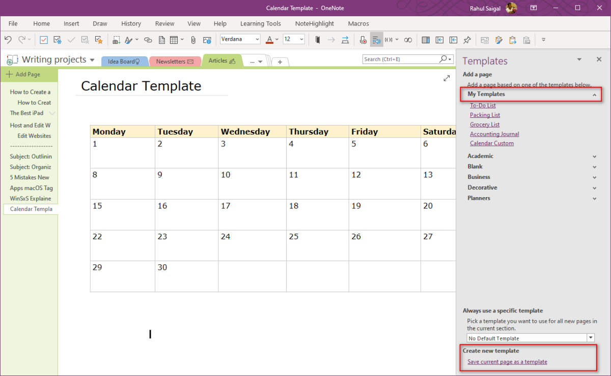 How to Create a OneNote Calendar Template