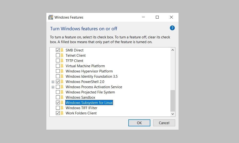 Windows Subsystem for Linux option in Windows Features page