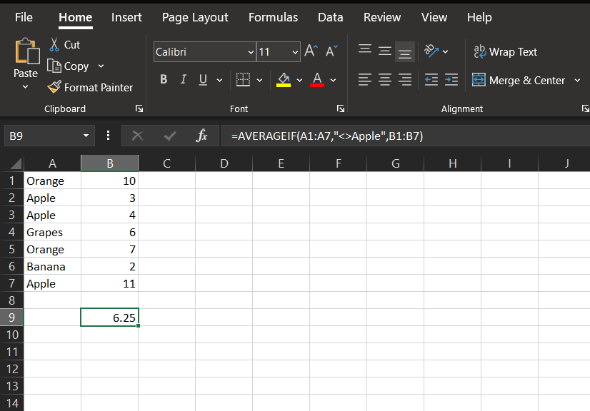 Excel AVERAGEIF function example