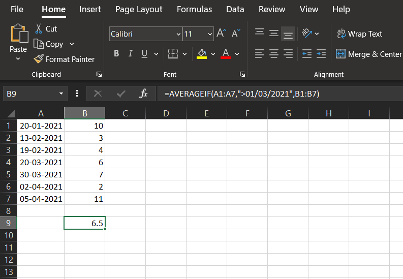 Excel AVERAGEIF formula example