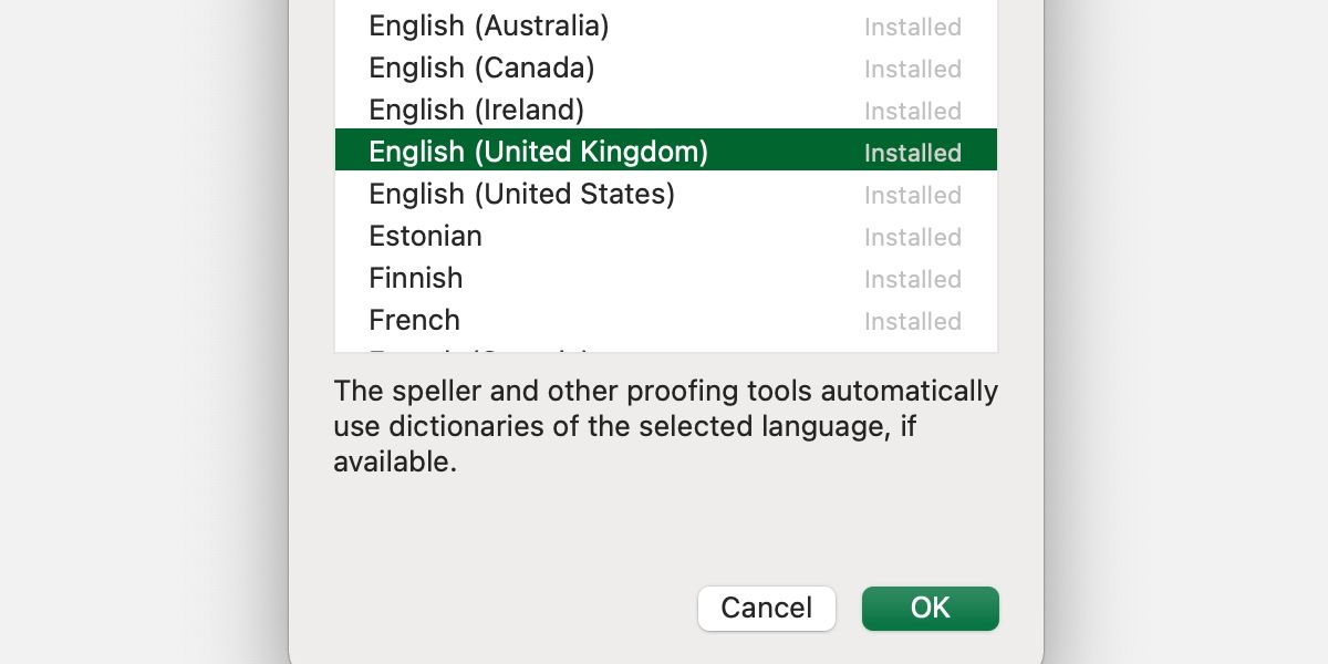 MS Excel language settings window.