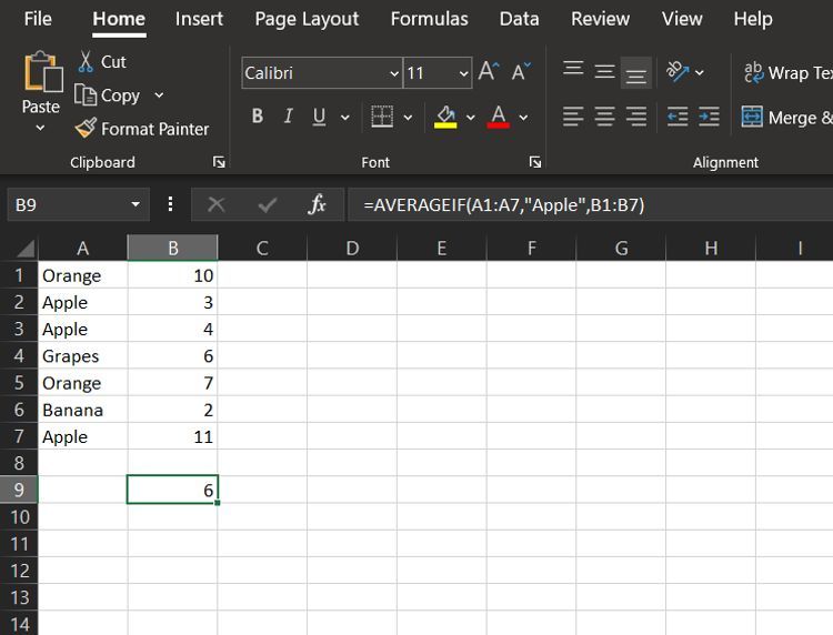 Excel spreadsheet AVERAGEIF formula