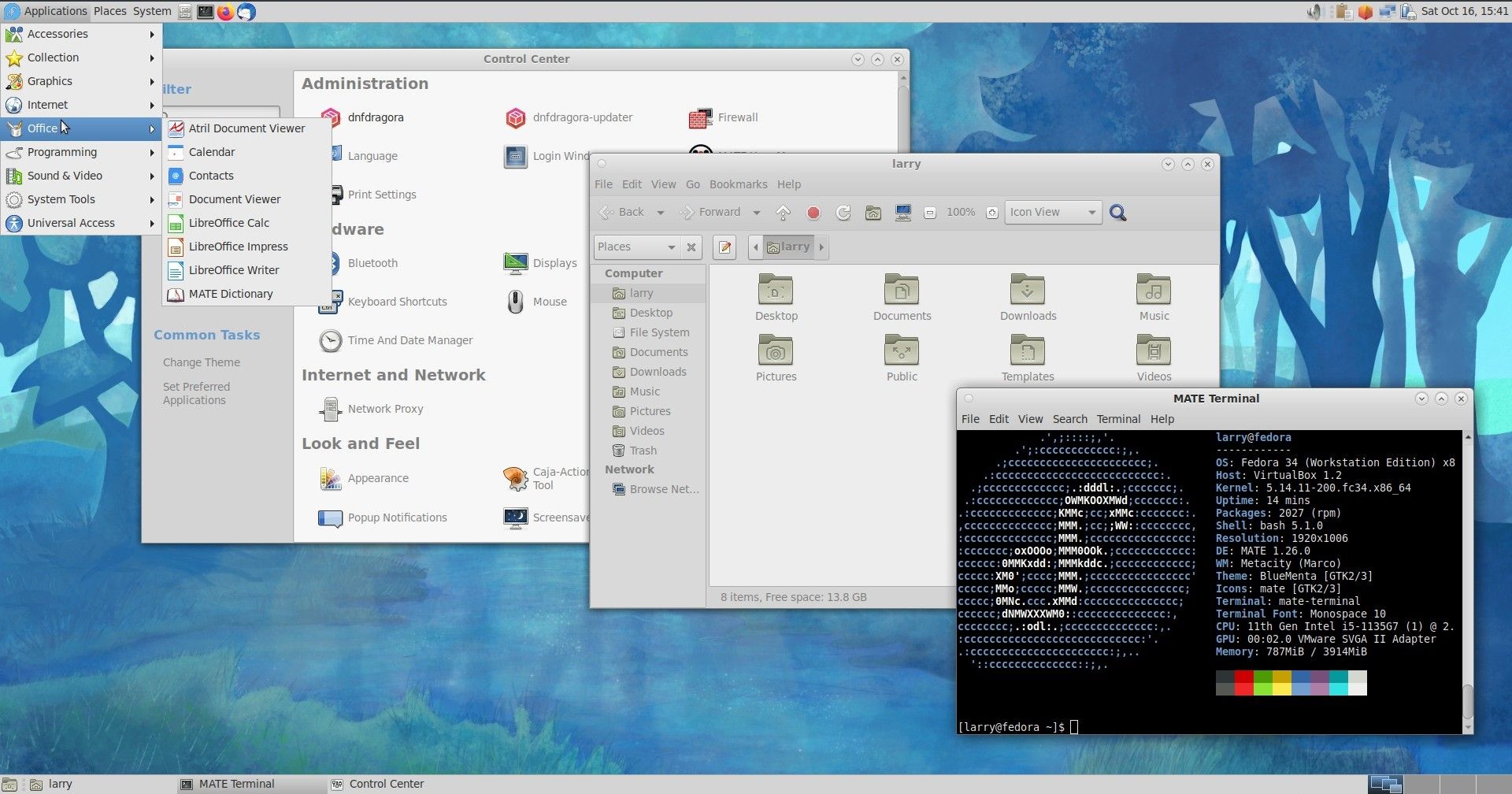 Fedora Mate Desktop menu