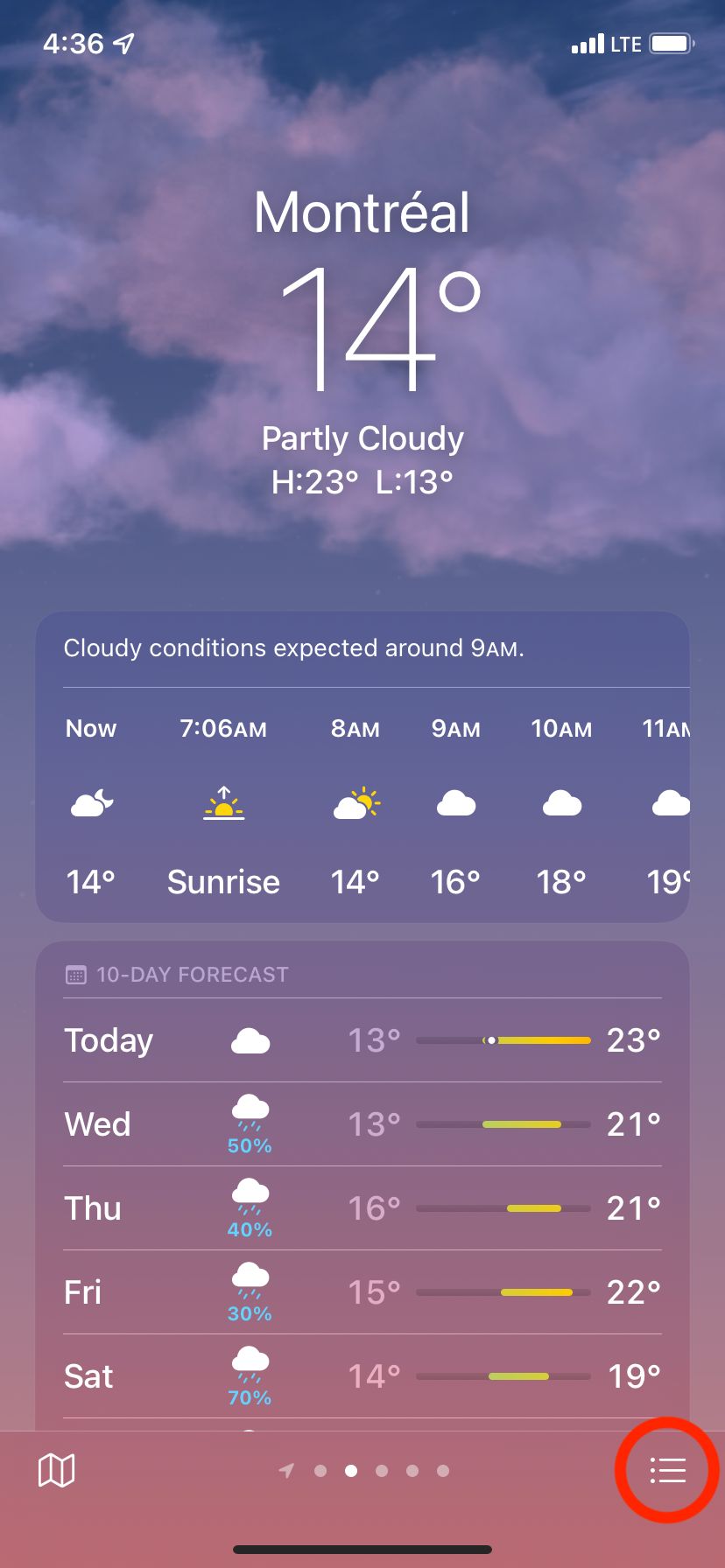 First screen of iOS 15 Weather app