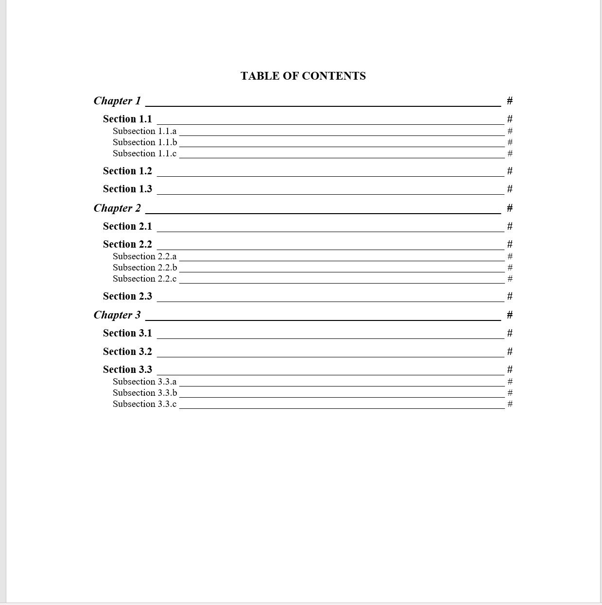 formatted table of contents in Microsoft Word