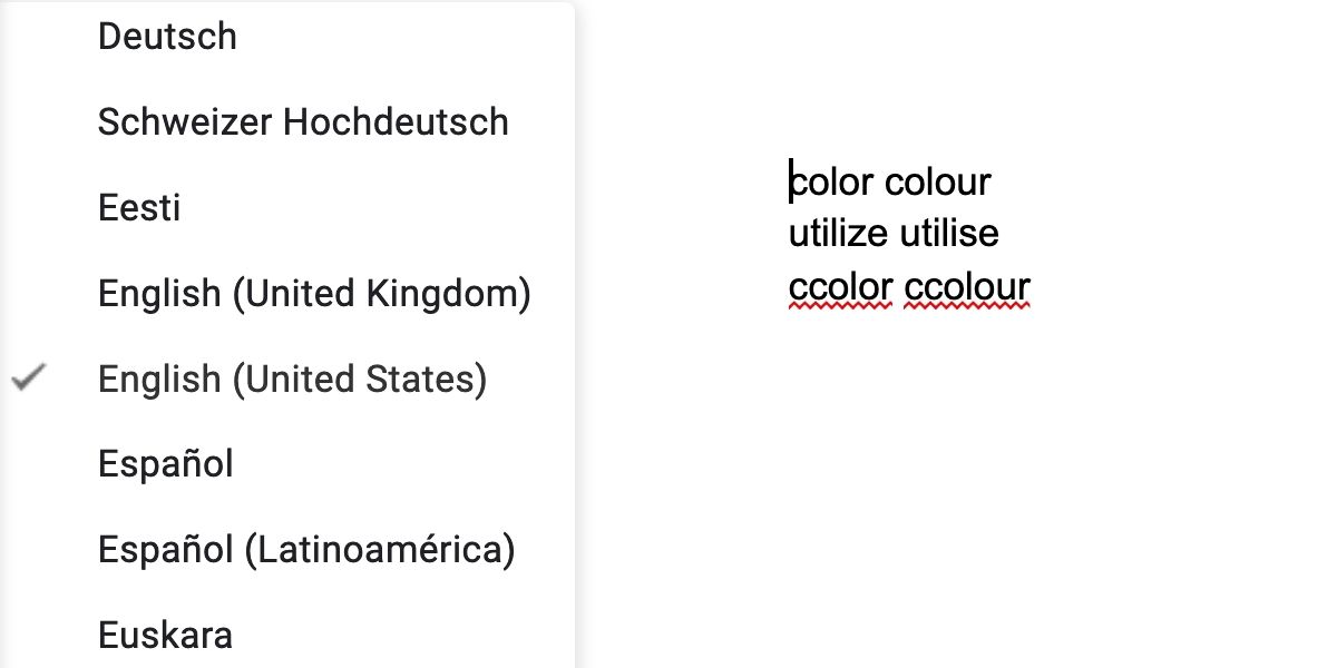 Google doc with language settings and color, colour, utilize, utilise, ccolor, ccolour written. Only ccolor and ccolour are marked as incorrect.