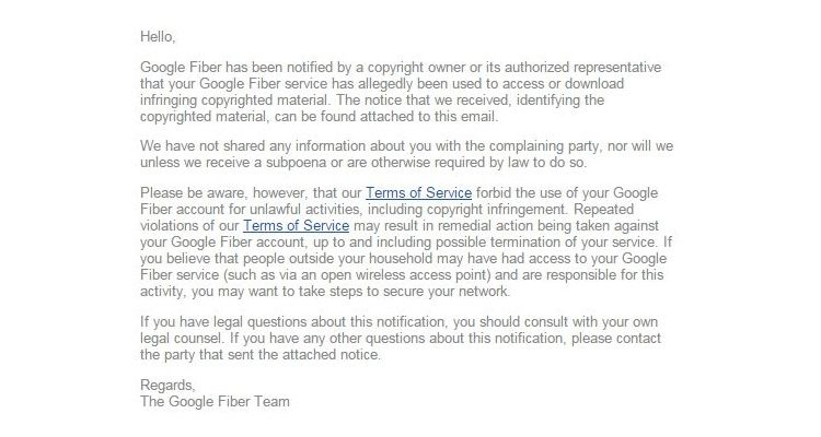 google fibre copyright infringement notice