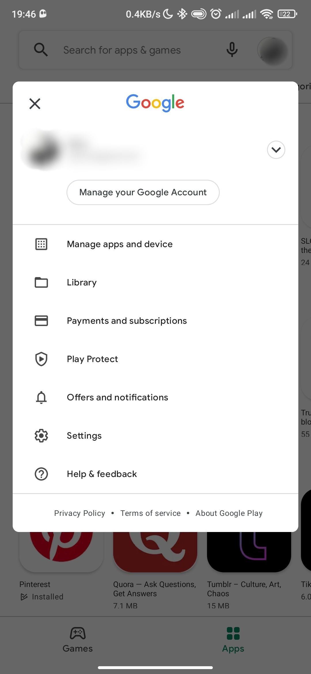 Google Play Store menu on an Android device