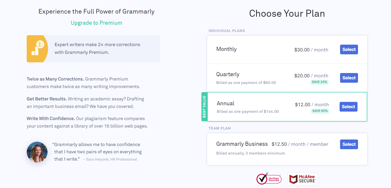 Grammarly pricing plans