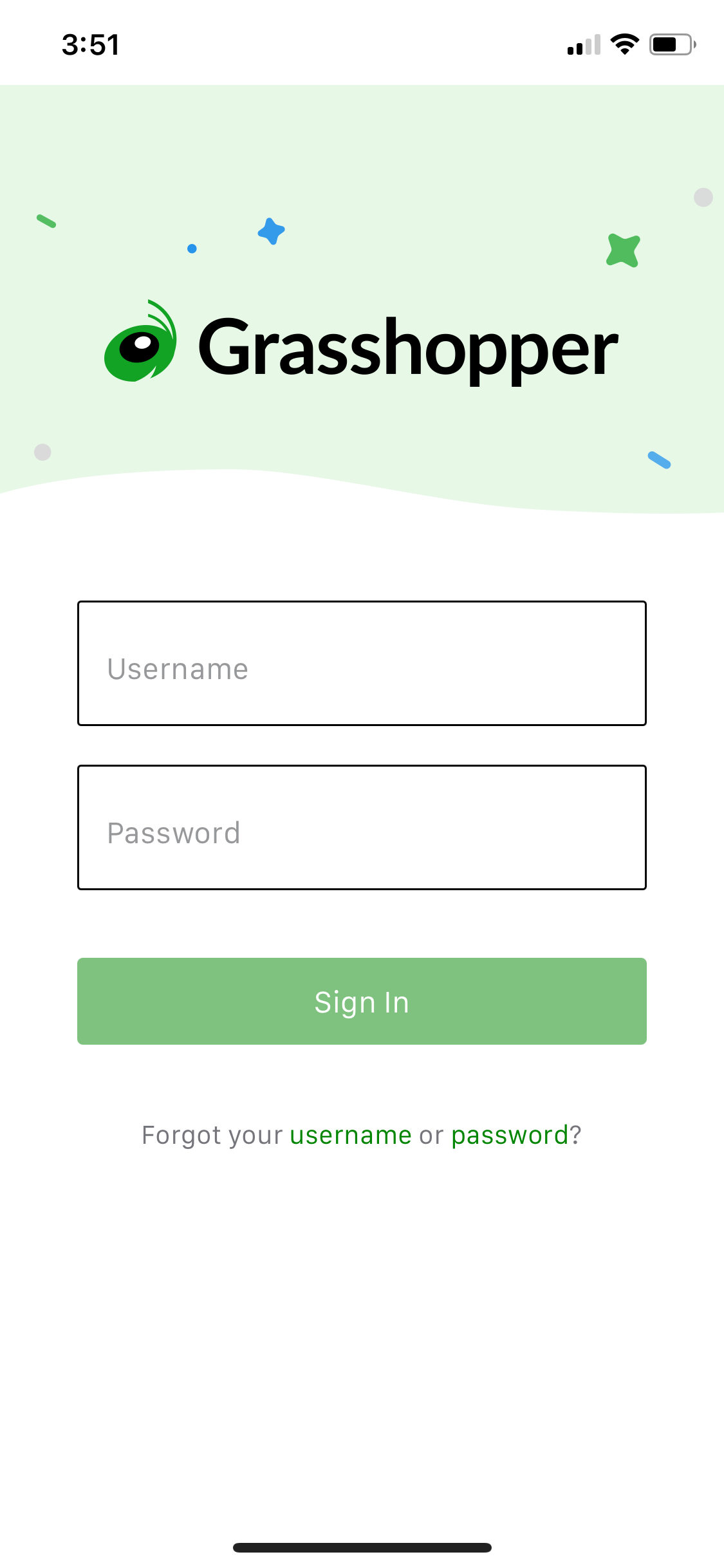 Screenshot showing the sign-in page on Grasshopper