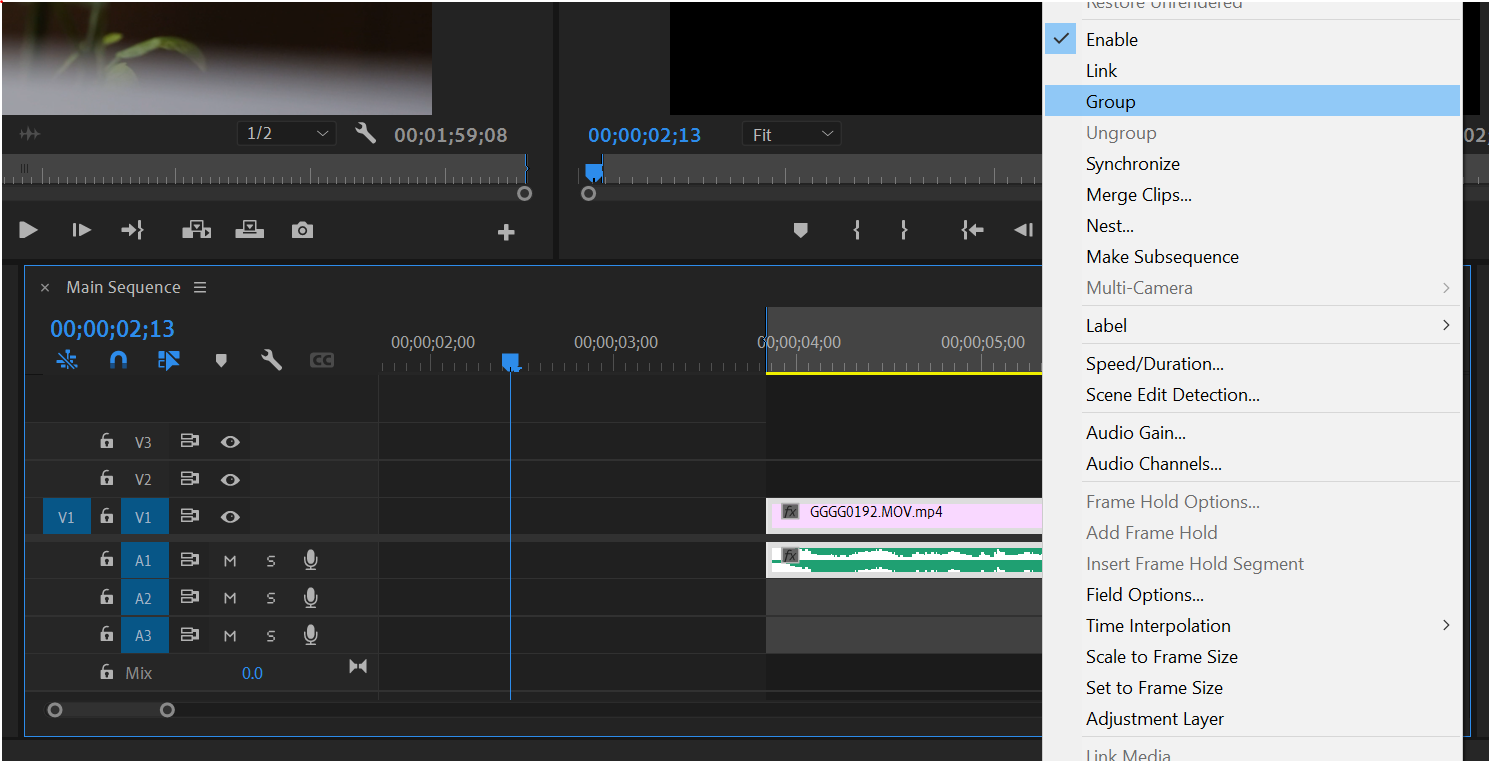 Grouping audio sync in Premiere.