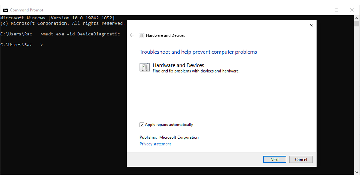 Hardware and devices troubleshooter