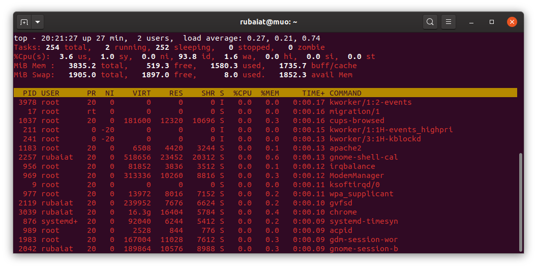 highlight running processes using top command in Linux