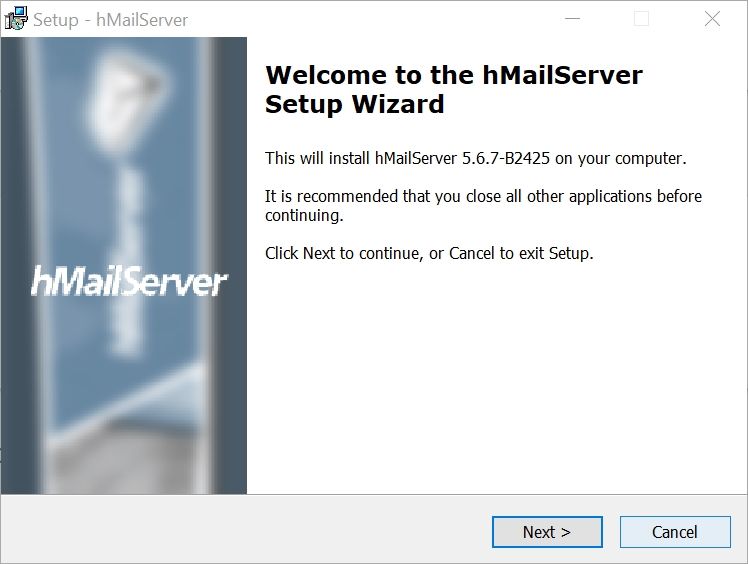 hMailServer setup welcome screen.