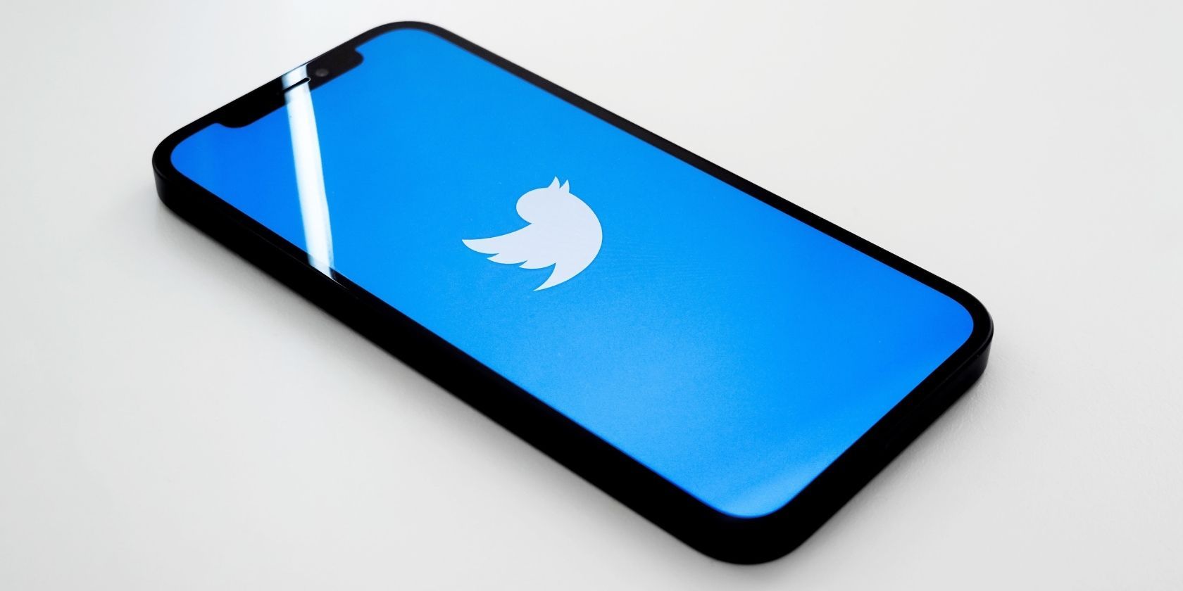 A mobile phone showing the Twitter logo on a blue background