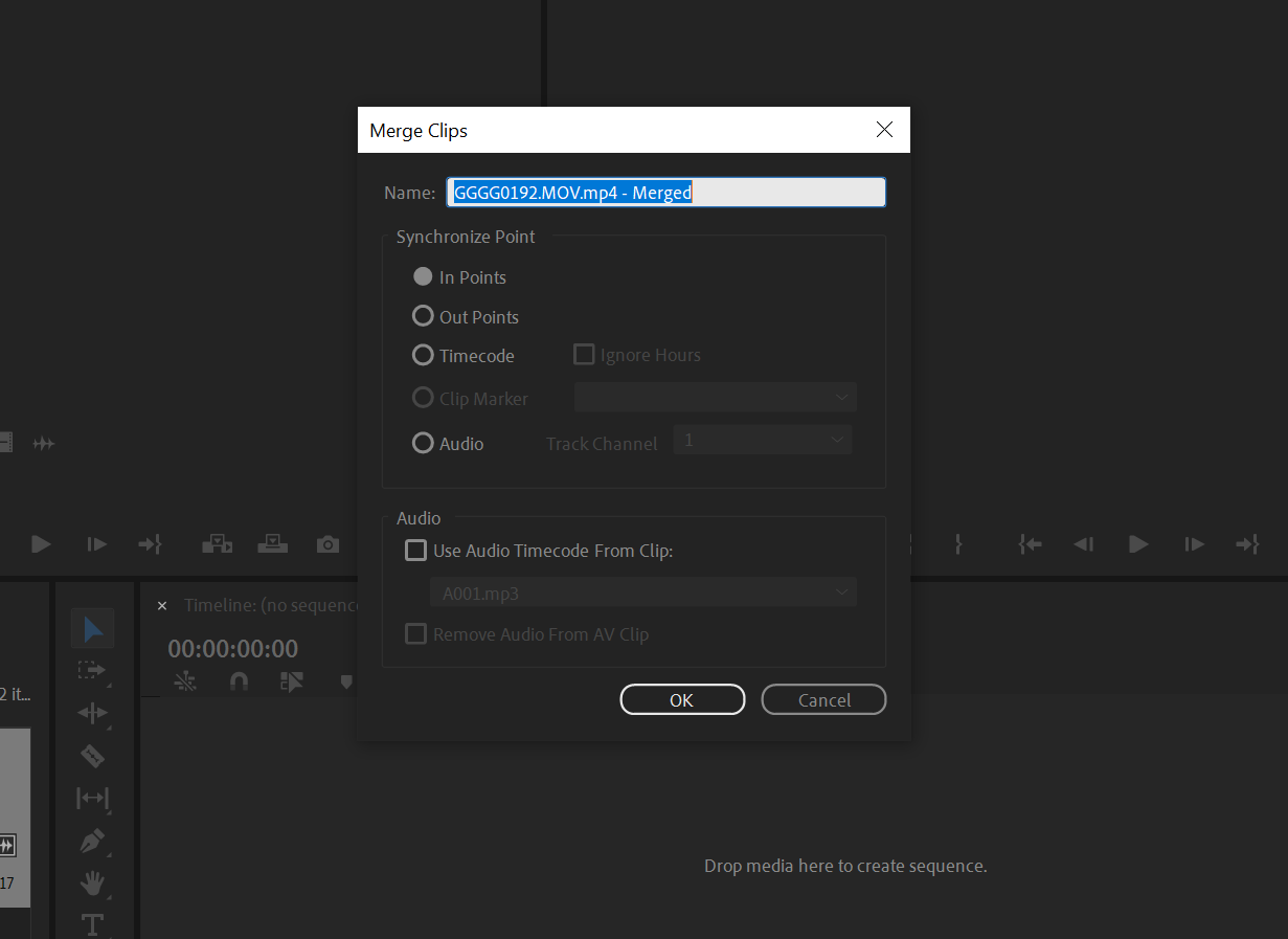 Merge clip options in Premiere.