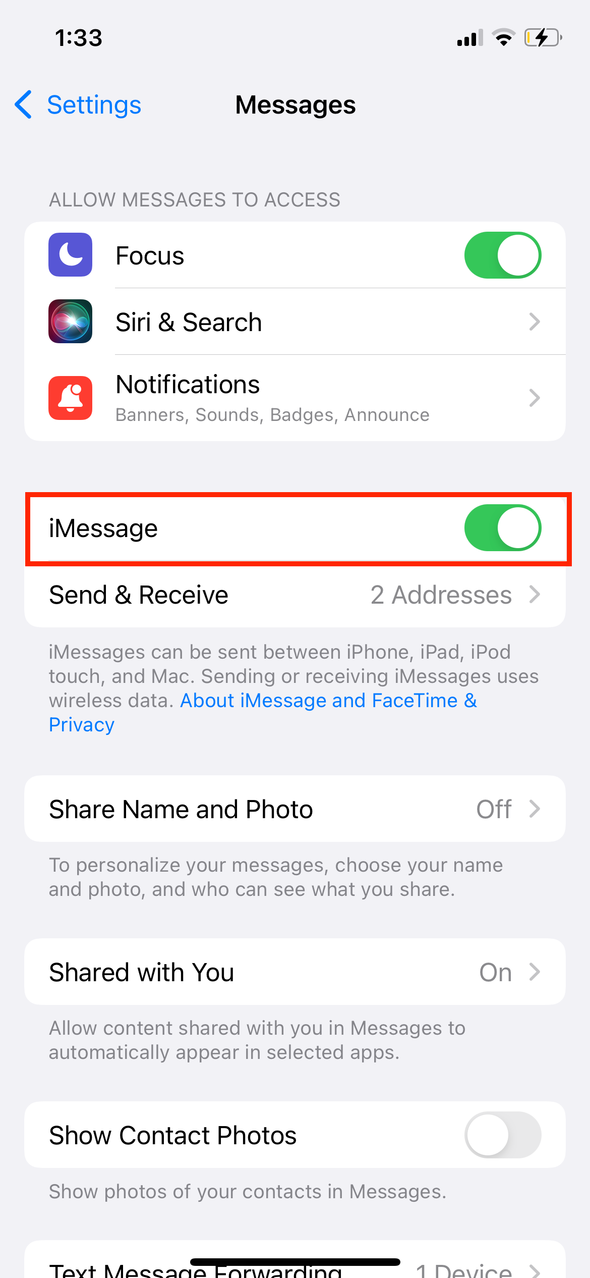 iMessage Option on iPhone