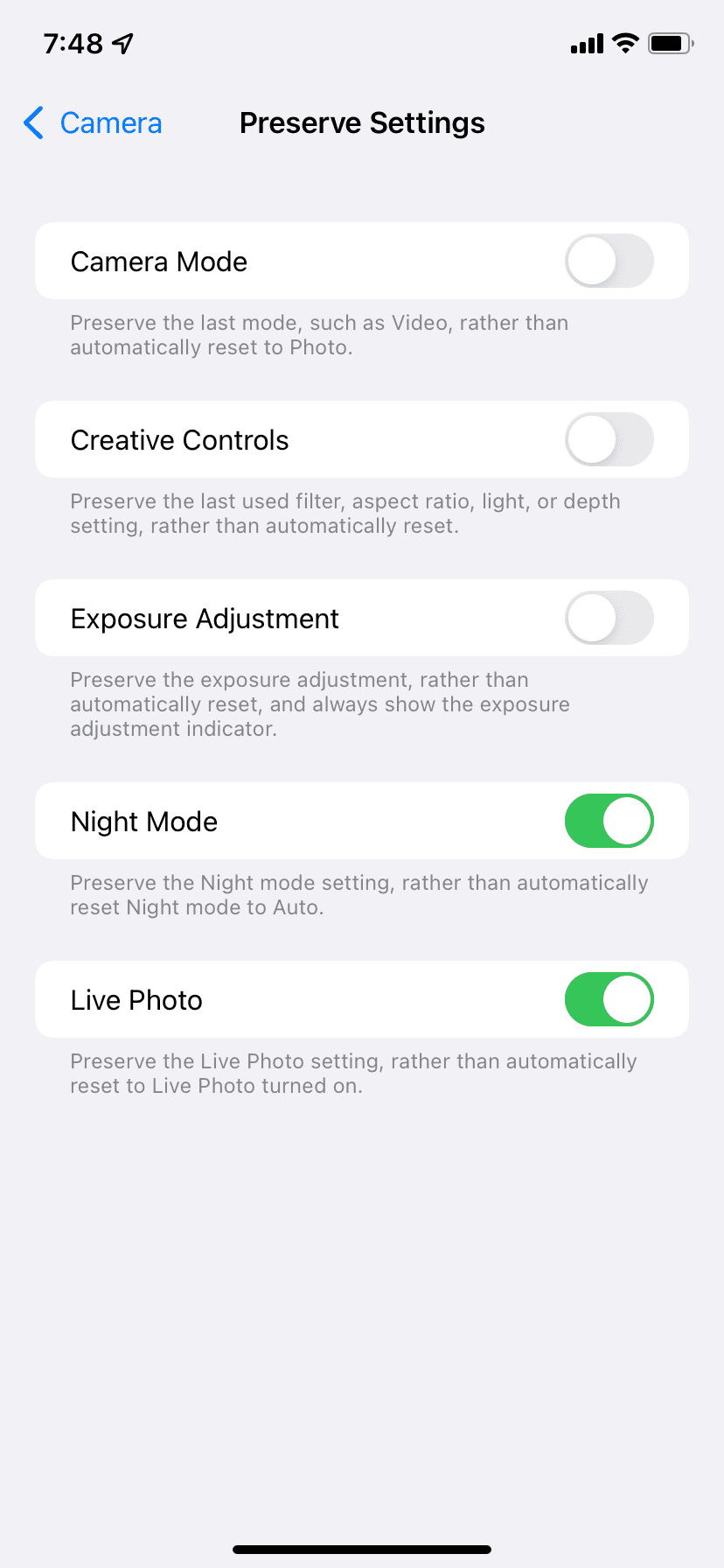 iPhone Camera Setting in iOS 15 to Turn Off Night Mode