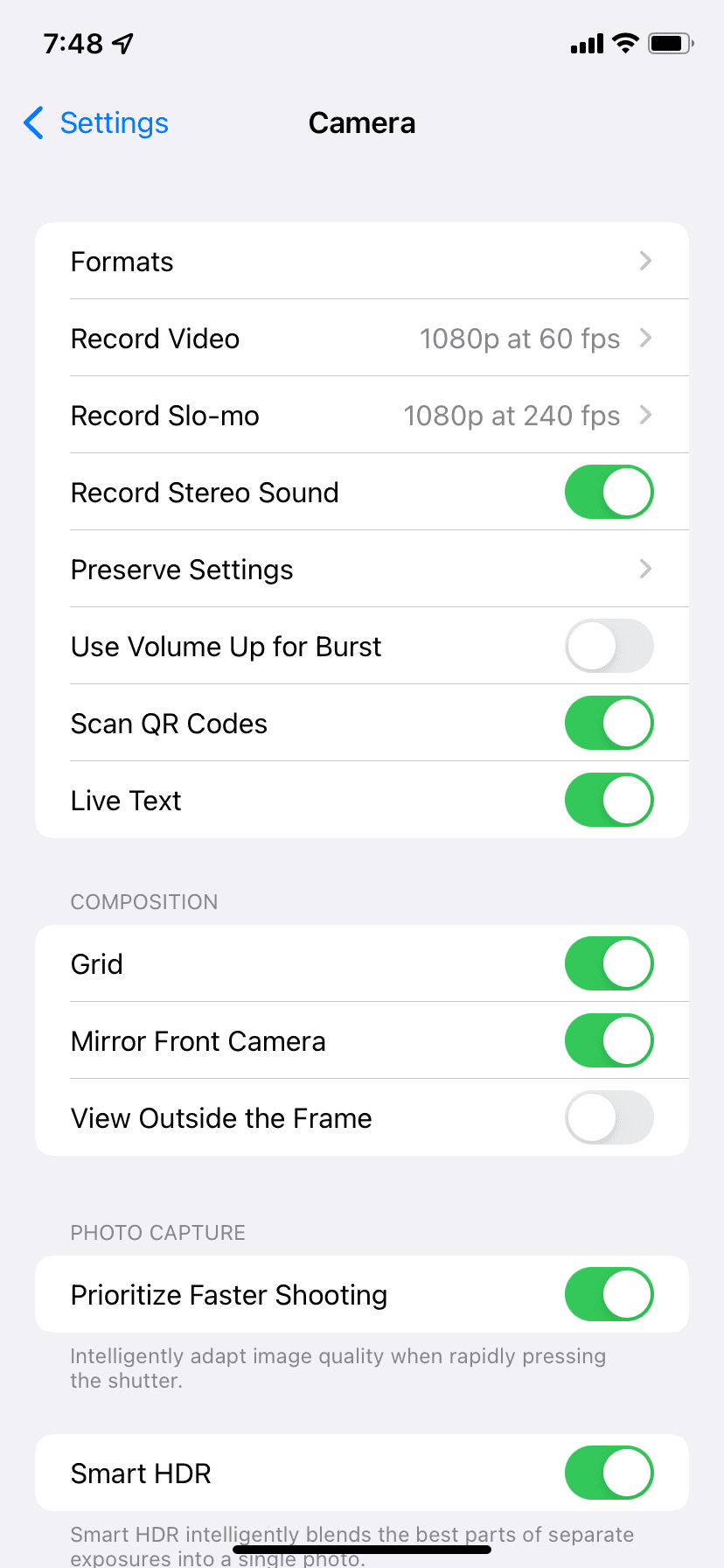 iPhone Camera Settings with Preserve Settings option