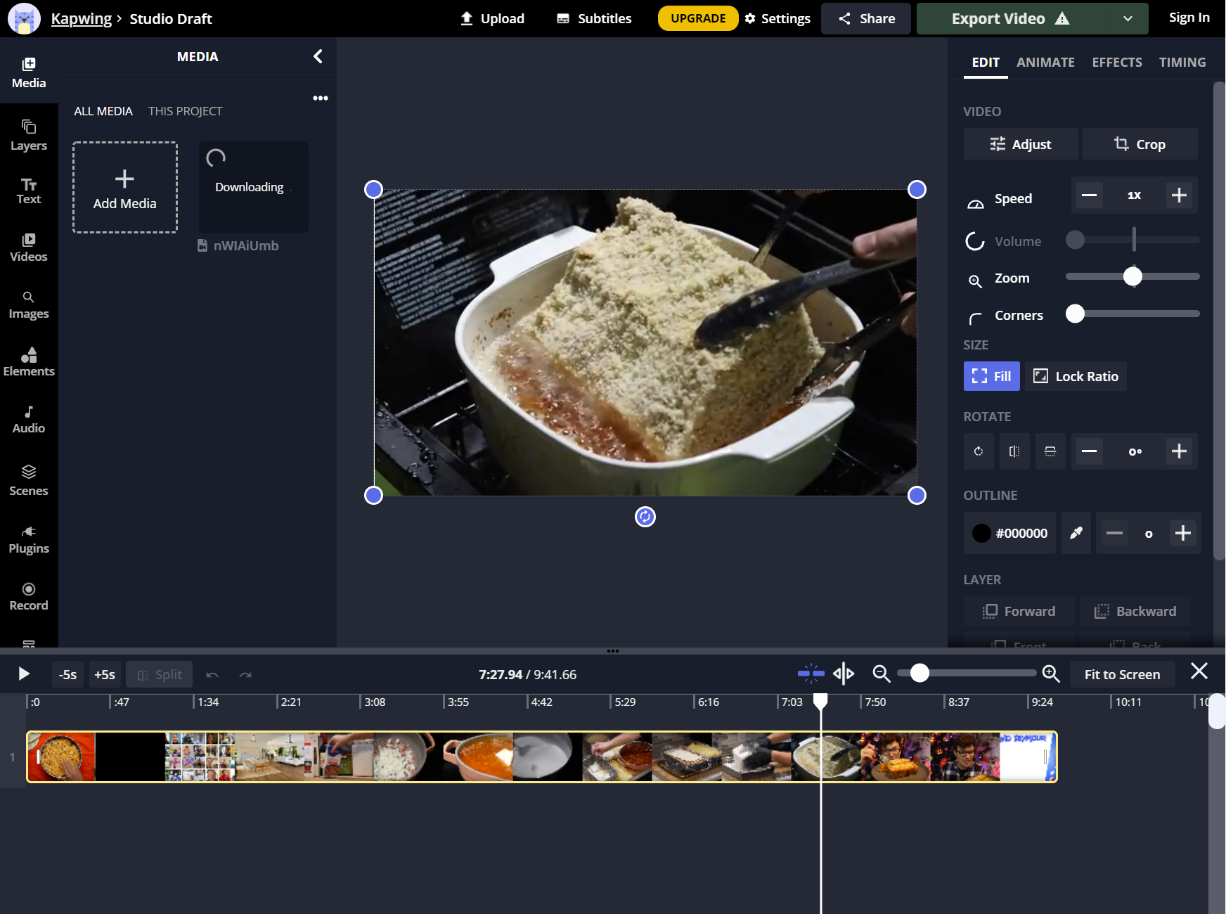 Creating a video about deep-fried lasagna on Kapwing.