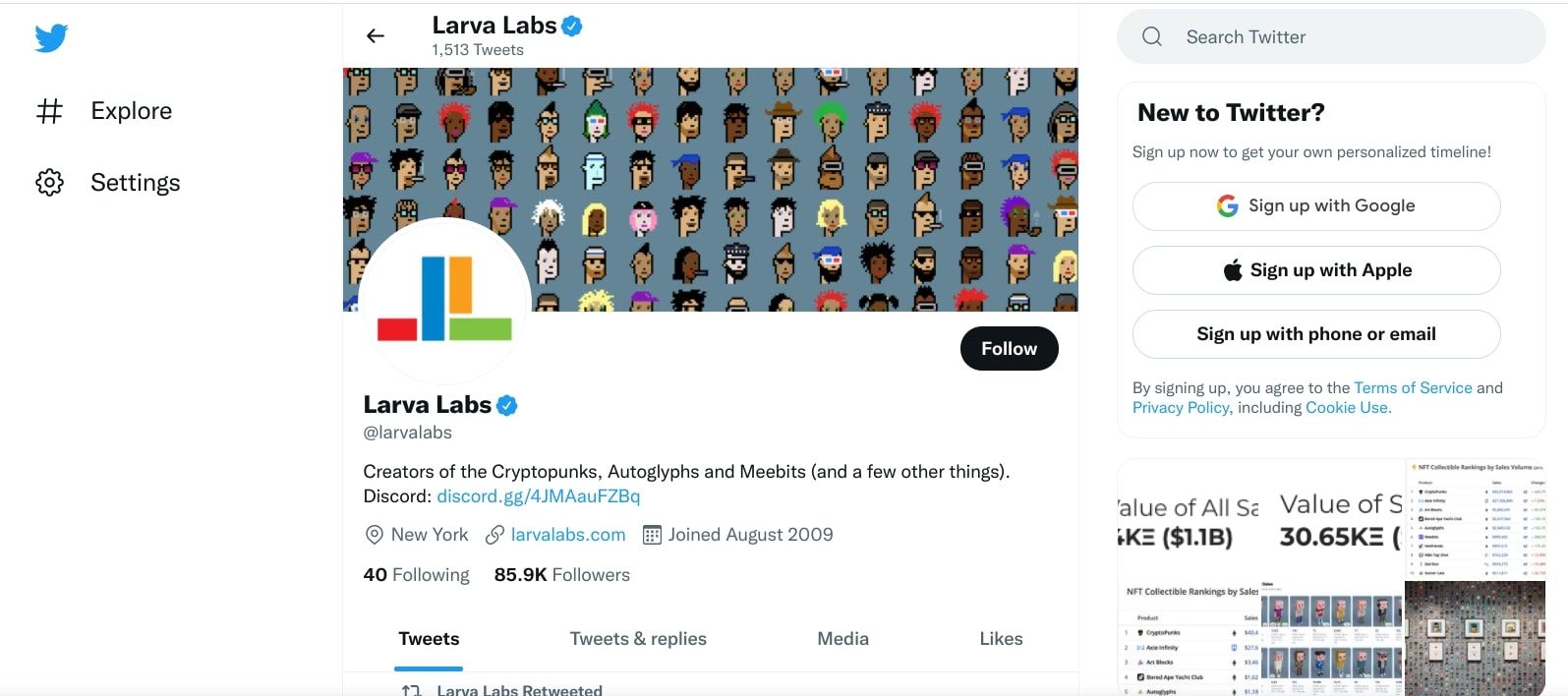 Larva Labs Twitter account screenshot