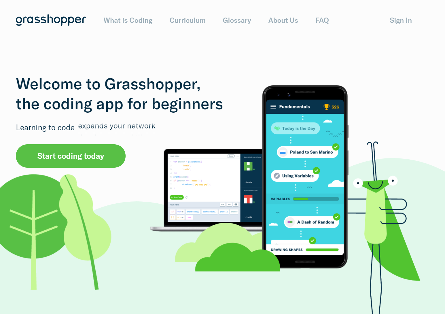 The Grasshopper app homepage.