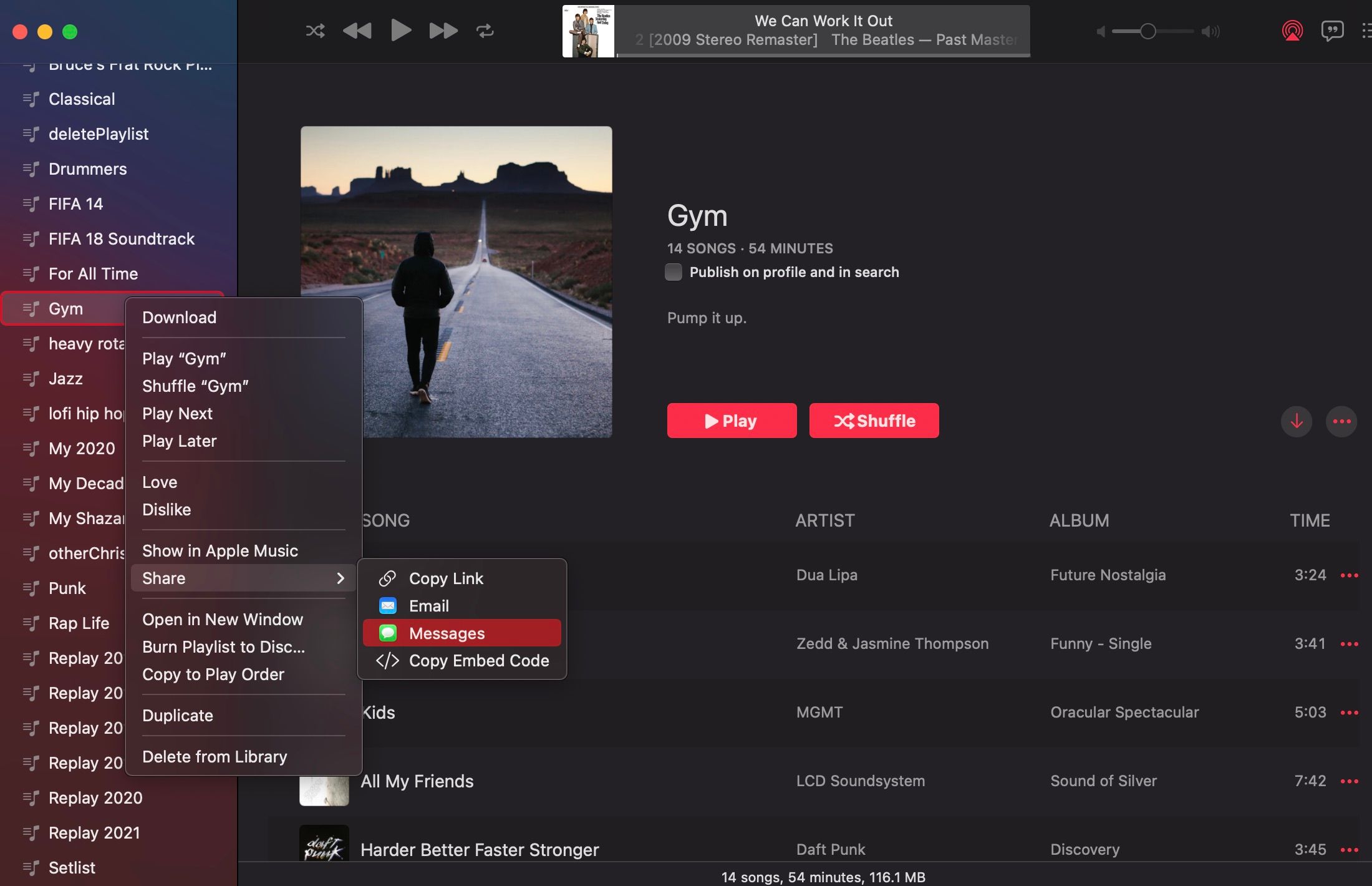 mac playlist share dropdown menu
