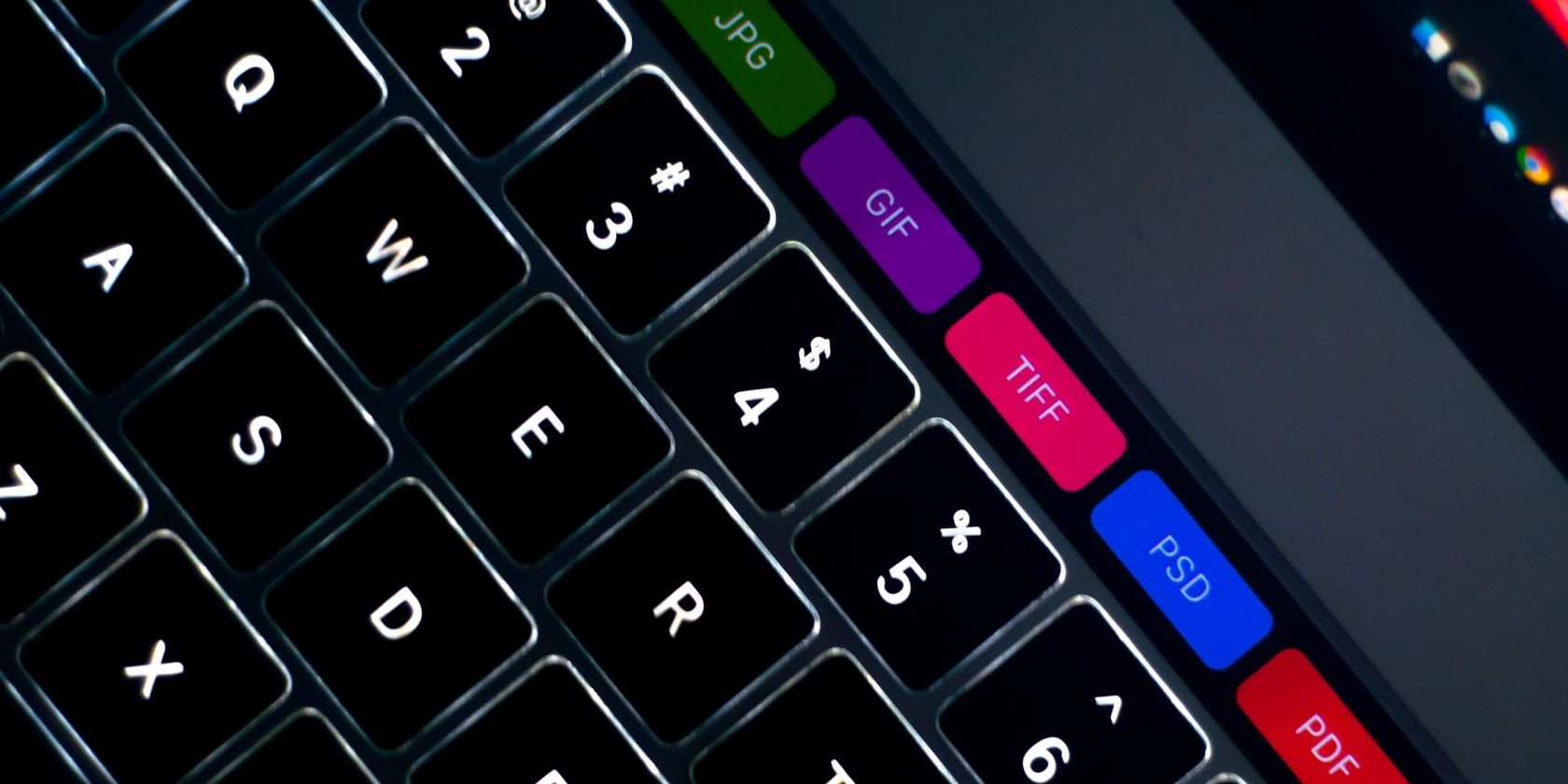 Macbook Touch Bar with various file format options displayed, including JPG, GIF, and PDF.