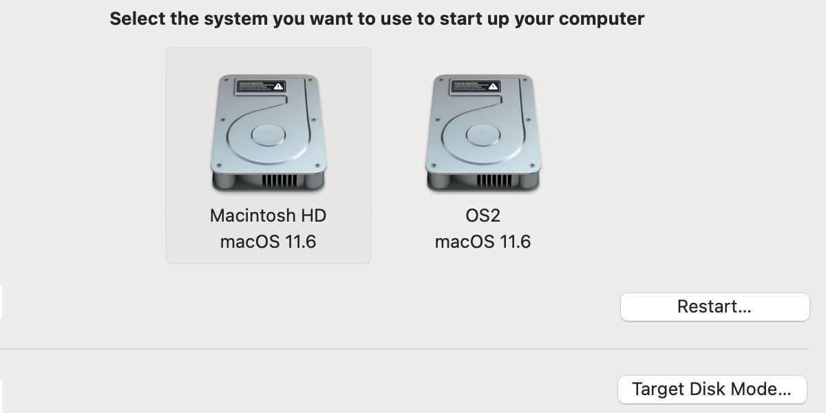 macOS startup disk preferences with Macintosh HD selected.