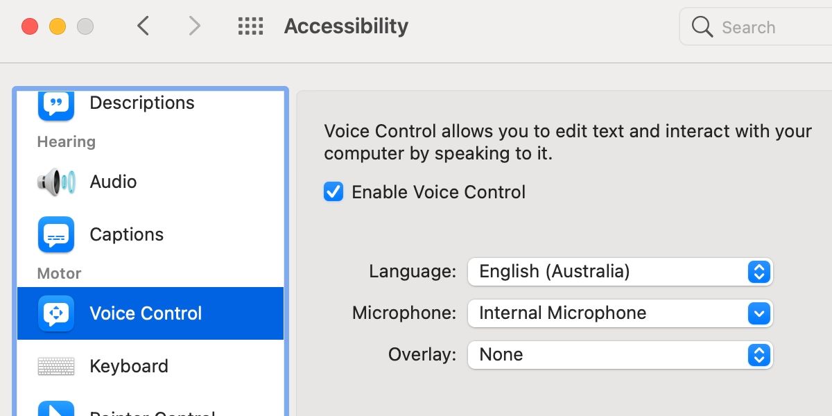 macOS Voice Control Accessibility preference pane. 