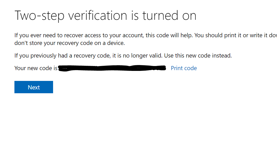 Microsoft Account two-step verification recovery code