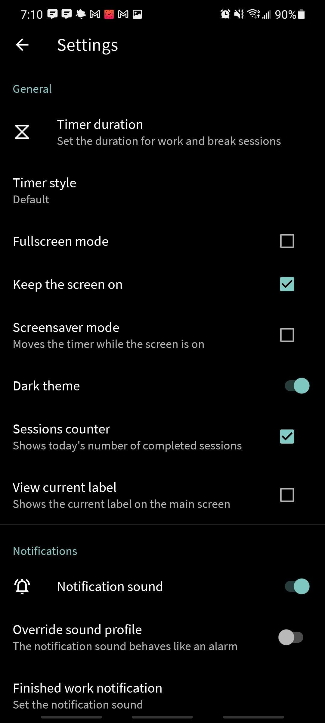 minimalist pomodoro timer settings screen