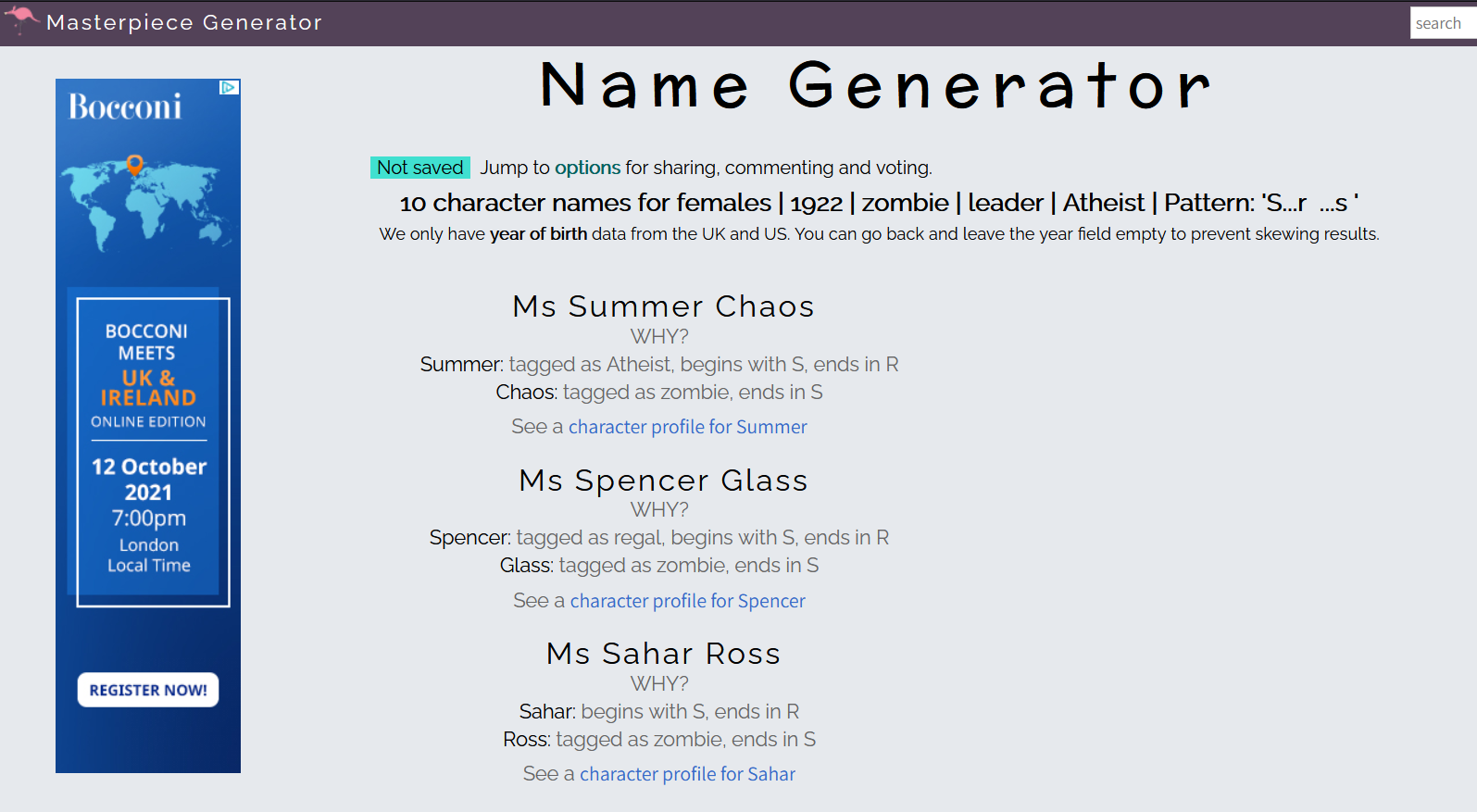 Name Generator Character Profile Results
