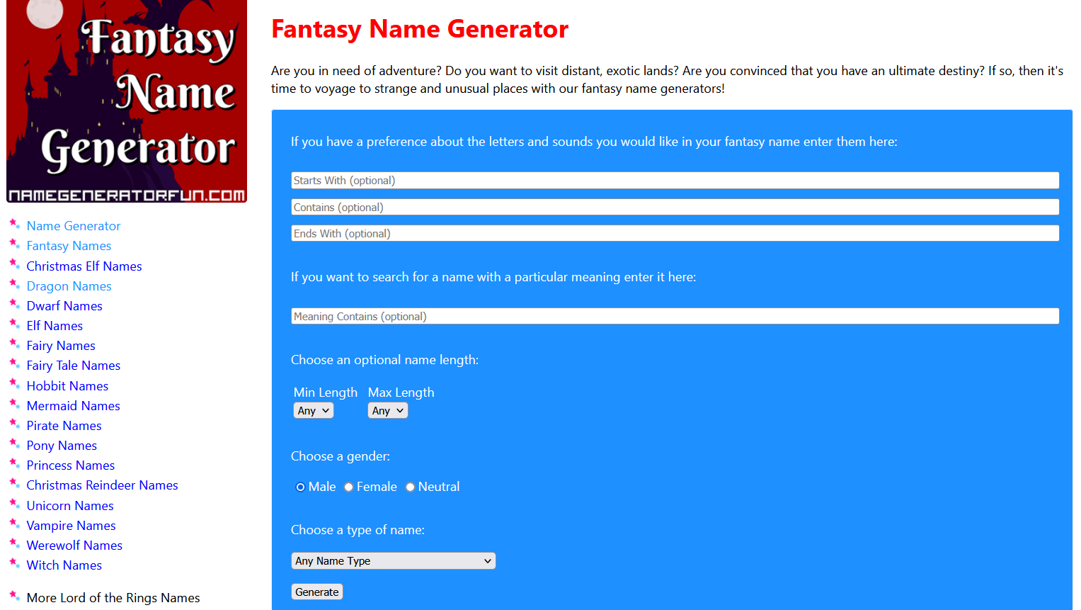 Name Generator Fun Fantasy Category Filtering Options