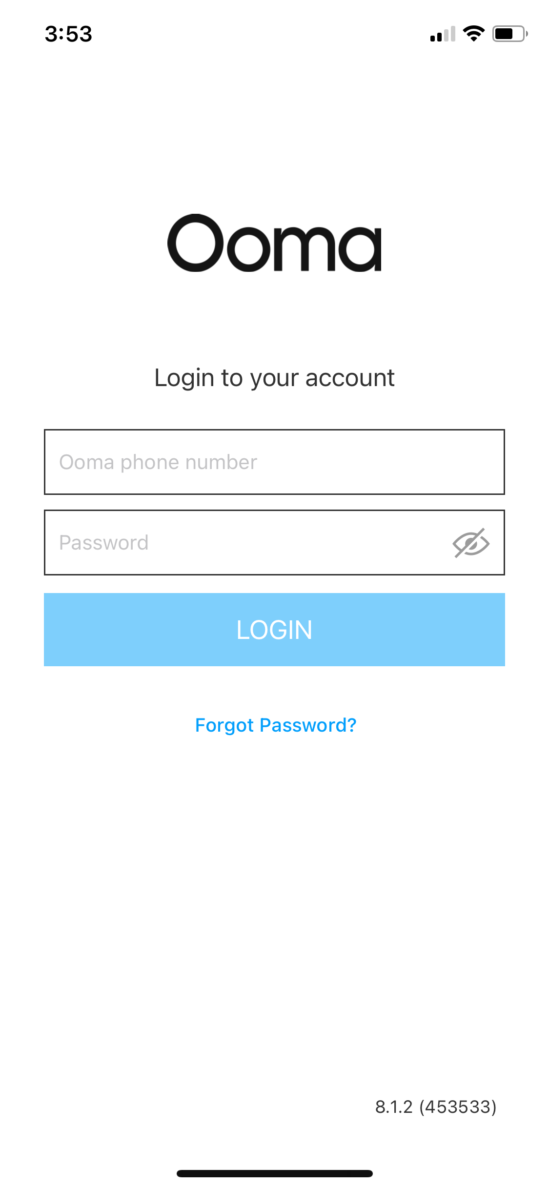 Screenshot of the Ooma Login Page