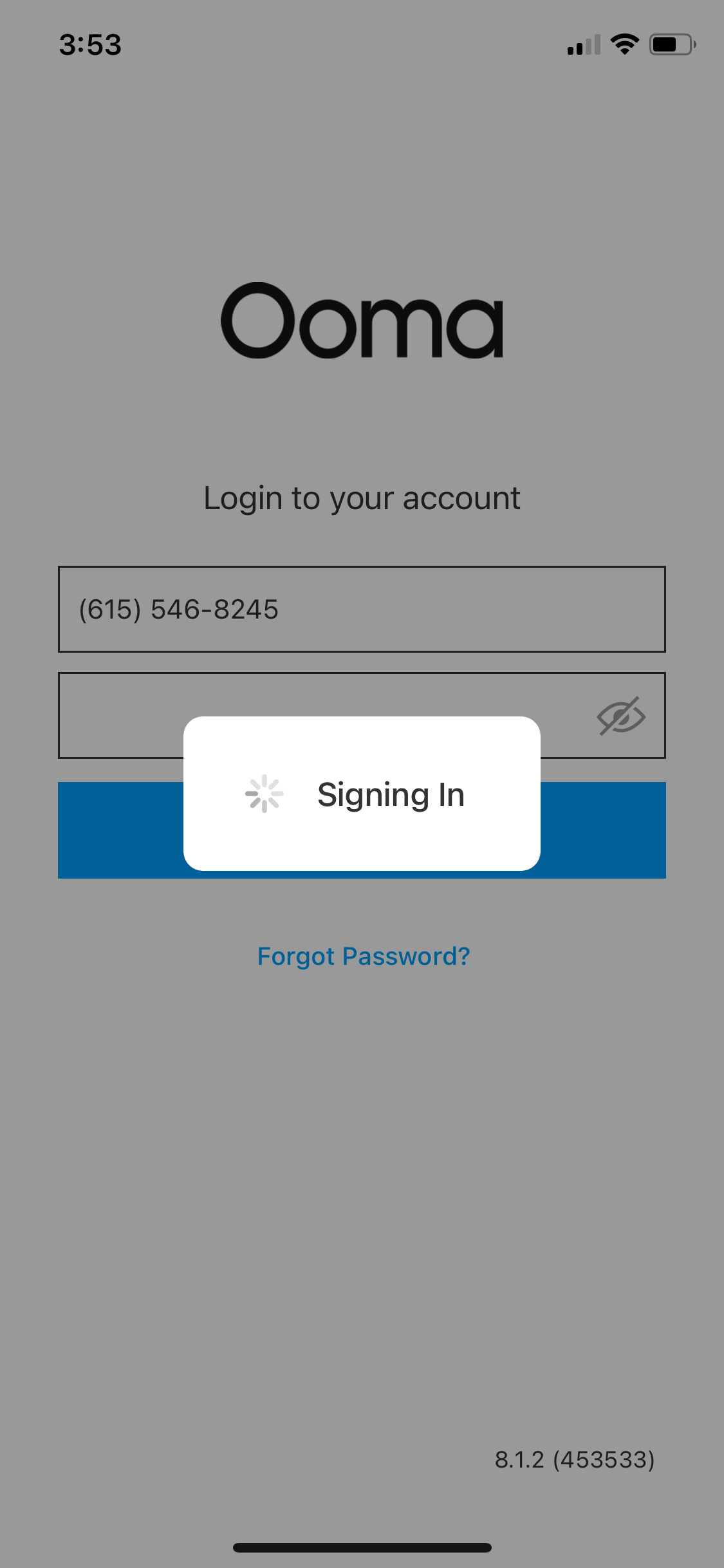 Screenshot of the sign-in page on Ooma