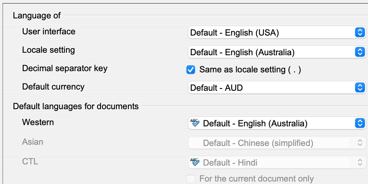 OpenOffice language settings window.