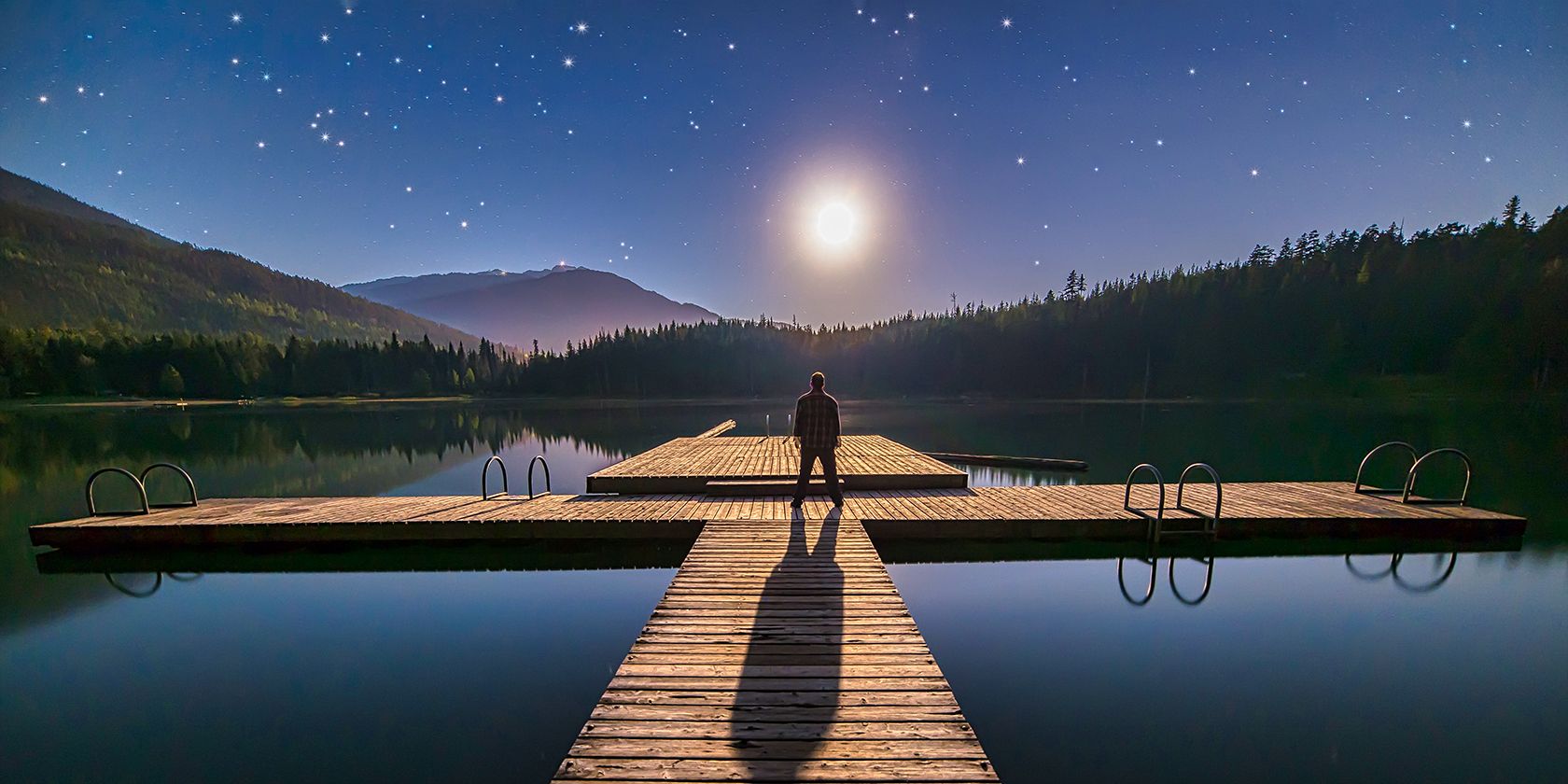 Man standing on the dock at a lake at sunset.