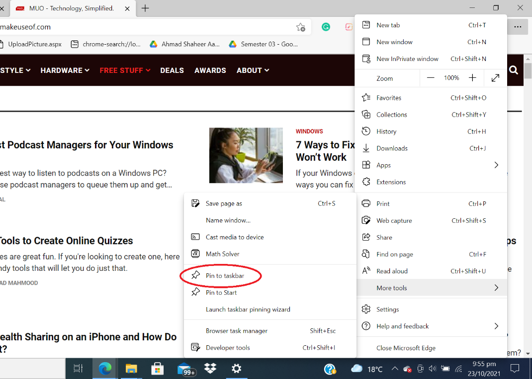 pin to taskbar option on Microsoft Edge highlighted