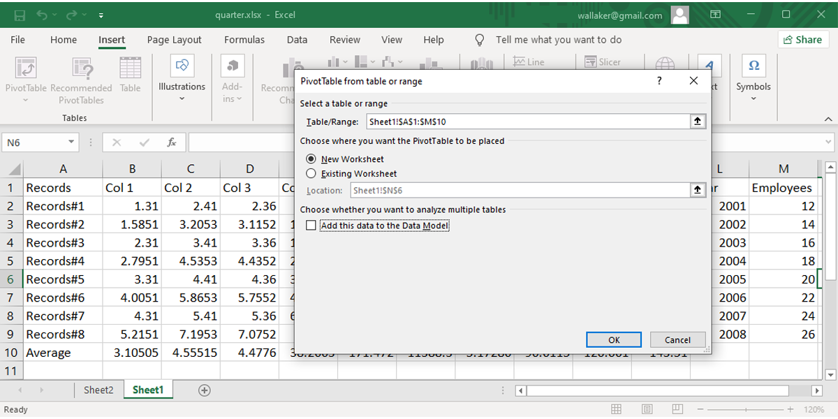 using data table tool to find standard deviation in excel