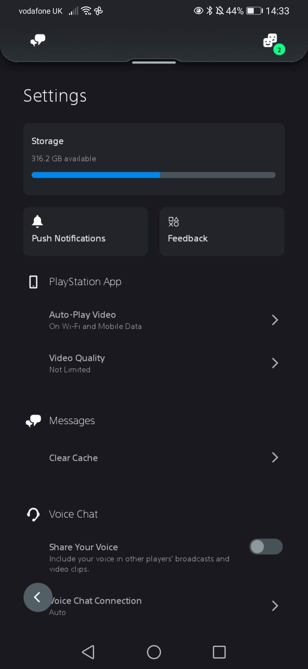 playstation app settings page