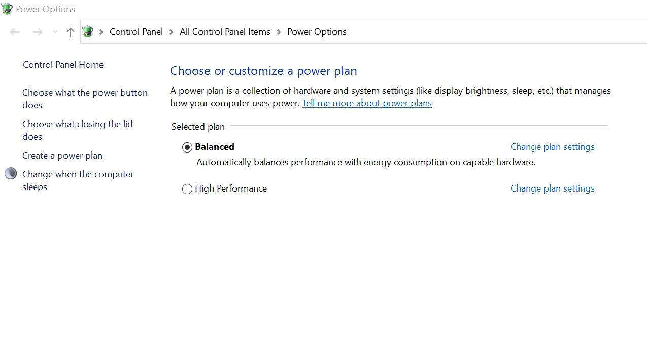 Power Options Control Panel menu in Windows 10.