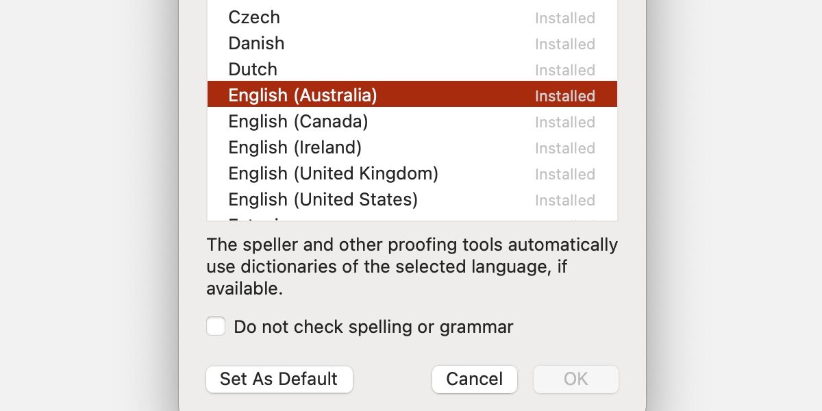 MS Powerpoint language settings window.