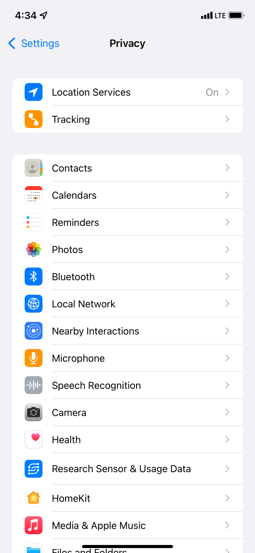 Privacy Settings on iPhone running iOS 15