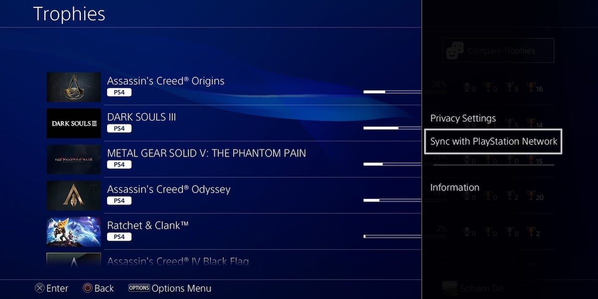 Syncing trophies with the PlayStation Network on a PS4